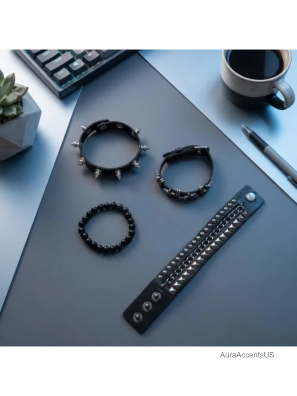 Punk Spiked Studded Bracelets Set of 4 Faux Leather Adjustable Wristband Gothic